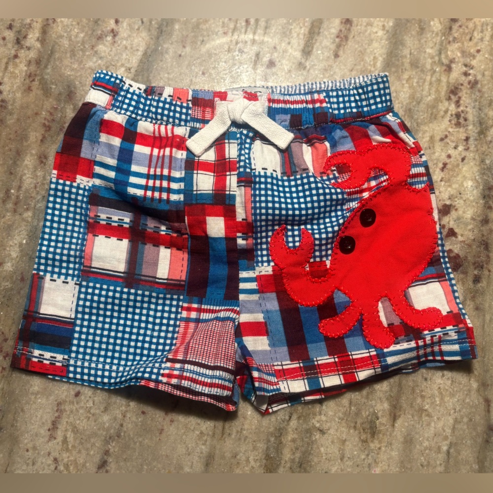 Mud Pie Baby Boys Red White Blue Madras Plaid Swim Trunks Crab 6 To 9 Months
